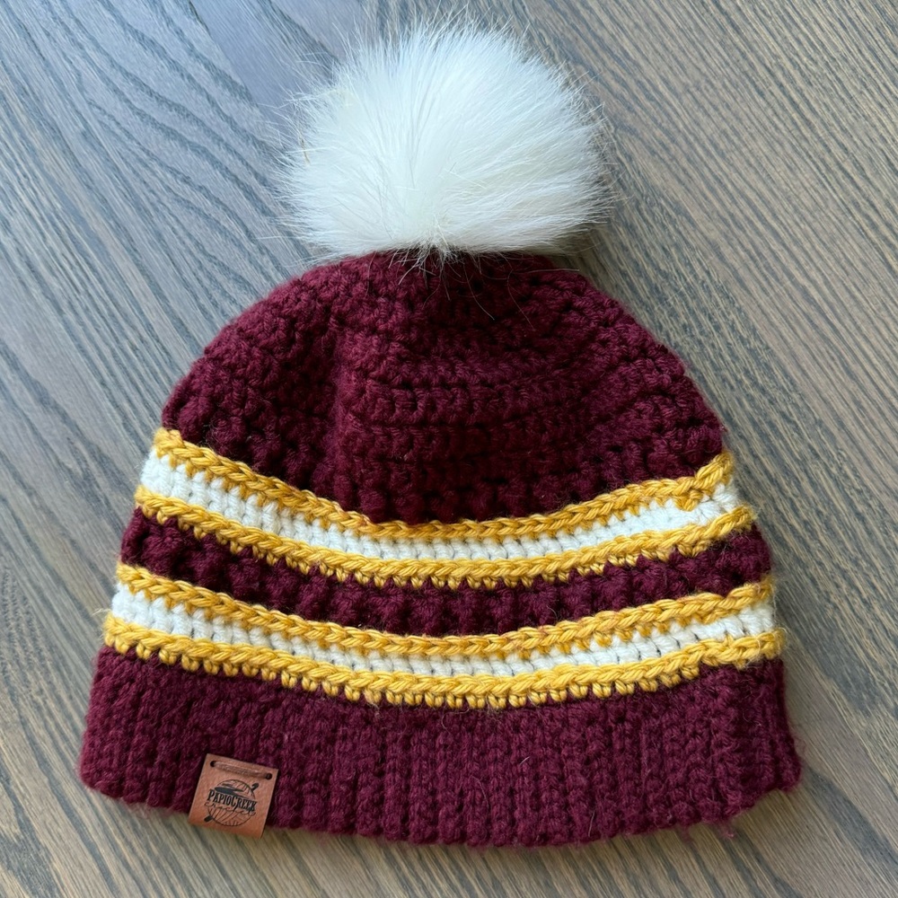 Preowned Handmade Crochet Beanie W/ Fur Pom Pom.